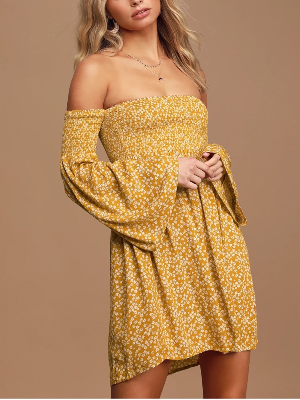 Lulu’s Picking Daisies Yellow Floral Print Off-the-shoulder Mini Dress